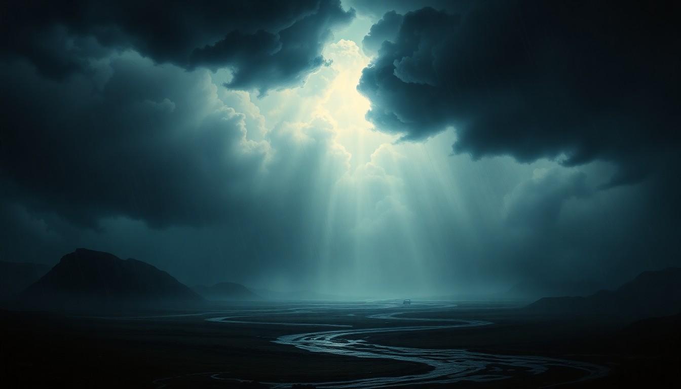 A vast, atmospheric landscape painting in muted tones of gray, blue, and green, with a small, isolated structure barely visible in the distance, dwarfed by the dramatic, swirling clouds and heavy rain that dominate the scene, conveying the overwhelming scale and power of the natural disaster.