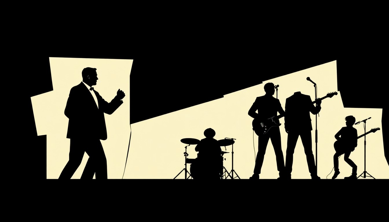 An abstract, minimalist composition featuring bold, jagged black silhouettes and geometric shapes in high contrast, conceptually representing the conflict of interest between a Kennedy Center lawyer and his amateur cover band.