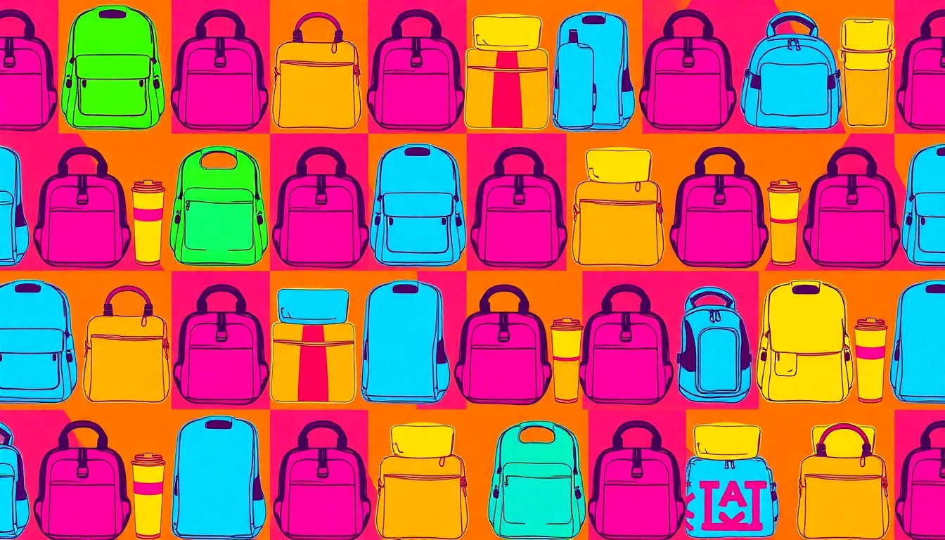 A brightly colored, high-contrast silkscreen print of a backpack, hygiene kit, and hot meal repeated in a tight grid pattern, conceptually representing the range of services offered at the Dignity Day event for the homeless community.