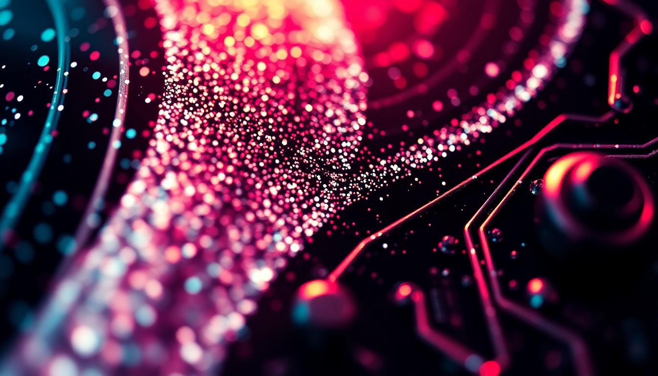 An extreme close-up of a futuristic, metallic surface with intricate circuitry and glowing neon accents, creating a visually striking and conceptual representation of the cyberpunk aesthetic.