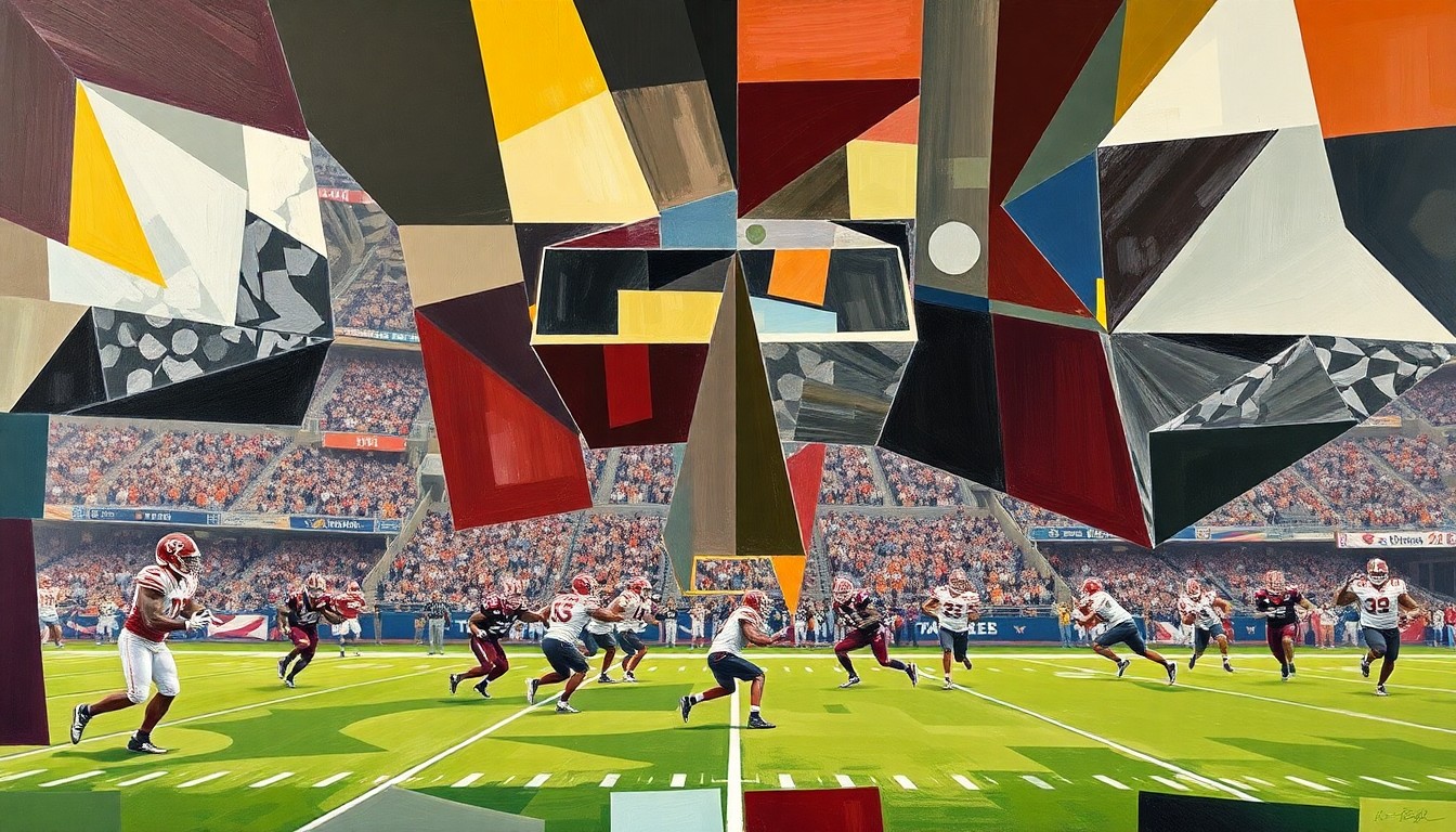 A fractured, multi-perspective painting depicting the dynamic movements and energy of a Texas A&M football practice, with players and the field deconstructed into sharp, overlapping geometric shapes and planes in vibrant colors.