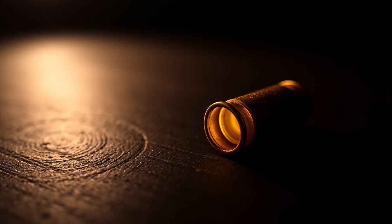 An extreme close-up of a single spent bullet casing on a dark surface, reflecting a harsh, direct camera flash, conceptually illustrating the investigation into a recent shooting incident.