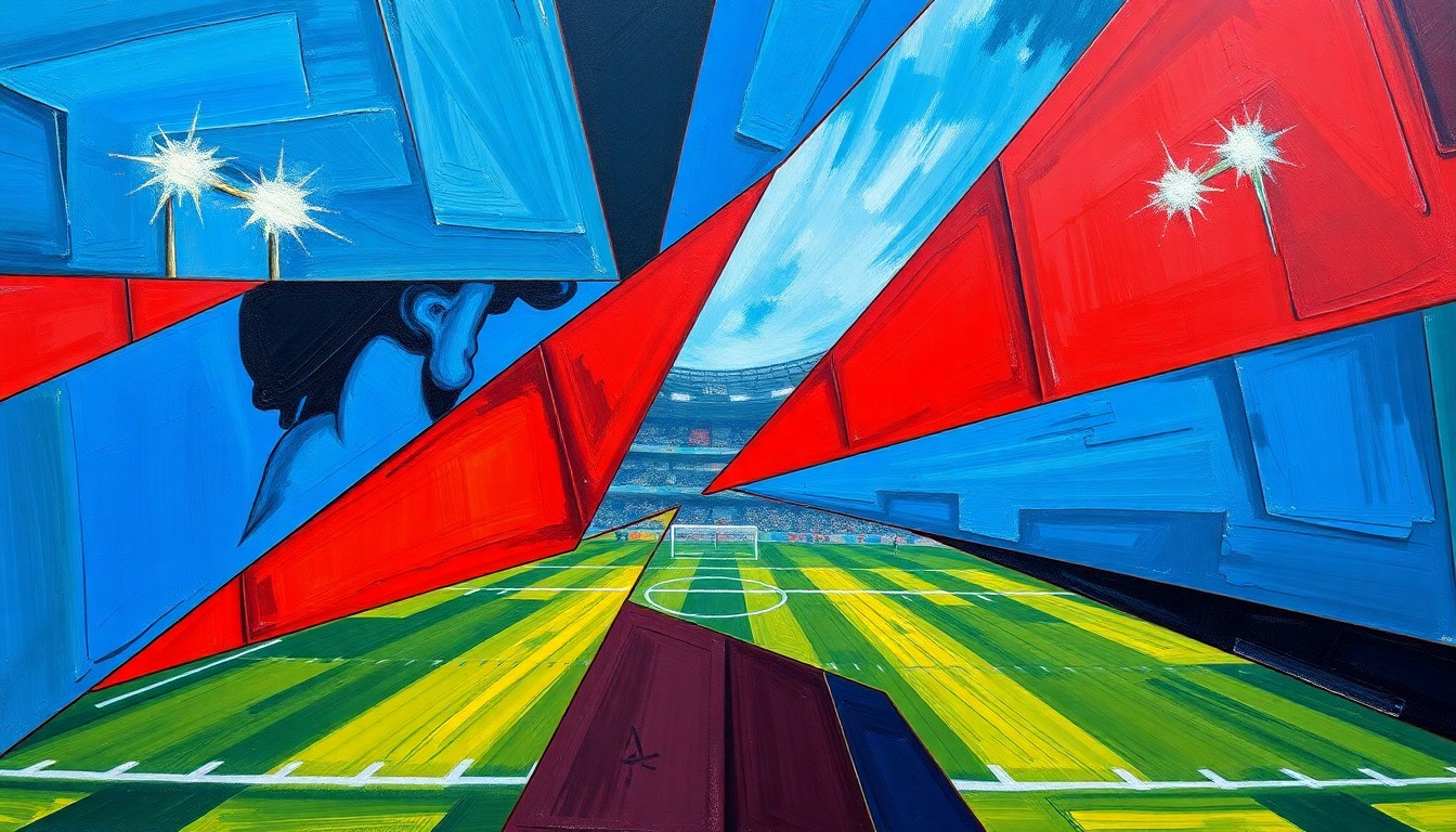 A fractured, multi-perspective painting in a cubist style, breaking down a football game into sharp, overlapping geometric planes of vibrant colors like royal blue, crimson red, and metallic gold, conceptually representing the strategic maneuvering behind a potential blockbuster trade.
