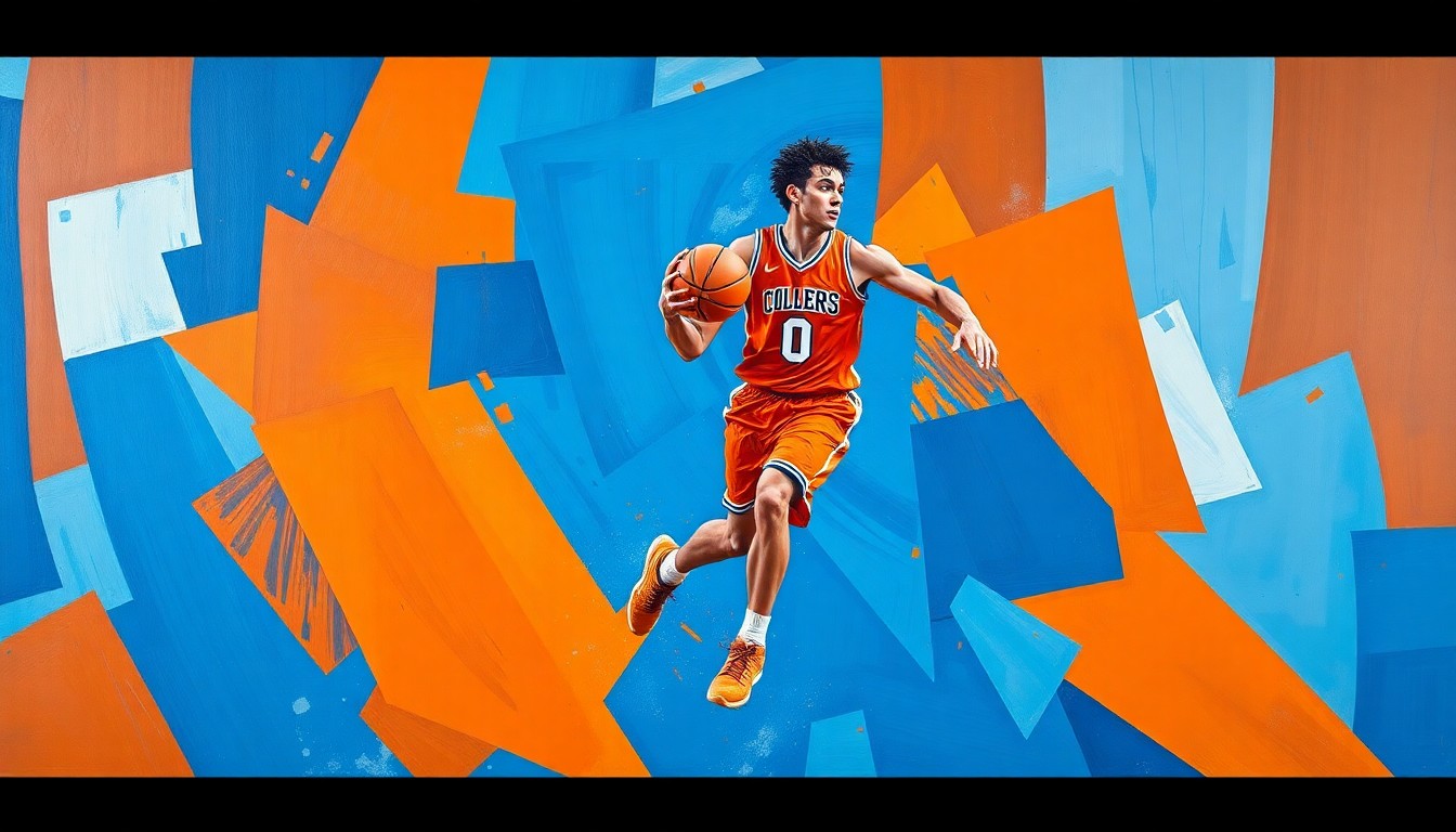 A cubist-style painting depicting a college basketball player in motion, with their body and movements broken down into sharp, overlapping geometric shapes in vibrant shades of orange and blue.