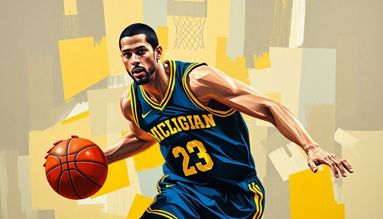 A fractured, geometric painting depicting a basketball player in motion, with sharp, overlapping planes of color representing the player's dynamic movements on the court.