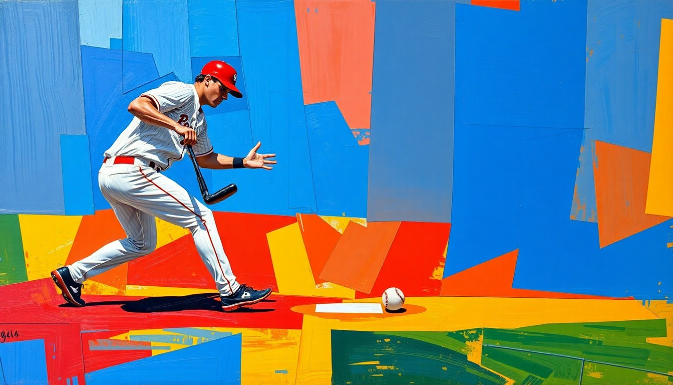 A cubist, geometric painting depicting a baseball player fielding a ground ball at shortstop, with the figure broken down into overlapping planes of vibrant colors like blue, red, and yellow.