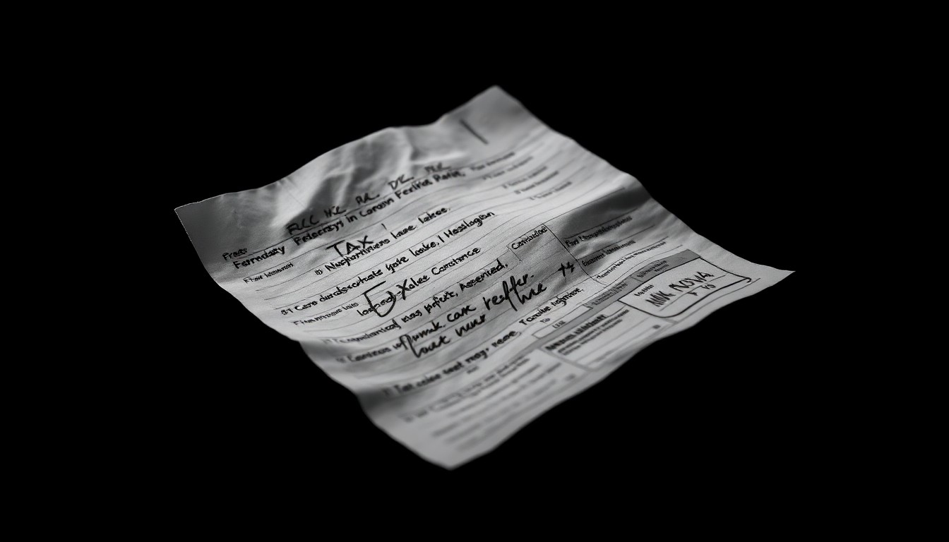 An extreme close-up of a crumpled, handwritten tax form lit by a harsh, direct camera flash against a pitch-black background, conceptually illustrating the gritty investigation into tax fraud and identity theft.