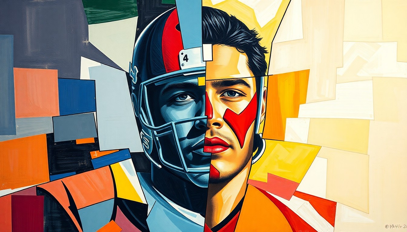 A cubist-style painting depicting a college football player's decision-making process through fragmented, geometric shapes and planes, conveying the complex and multifaceted nature of modern recruiting.