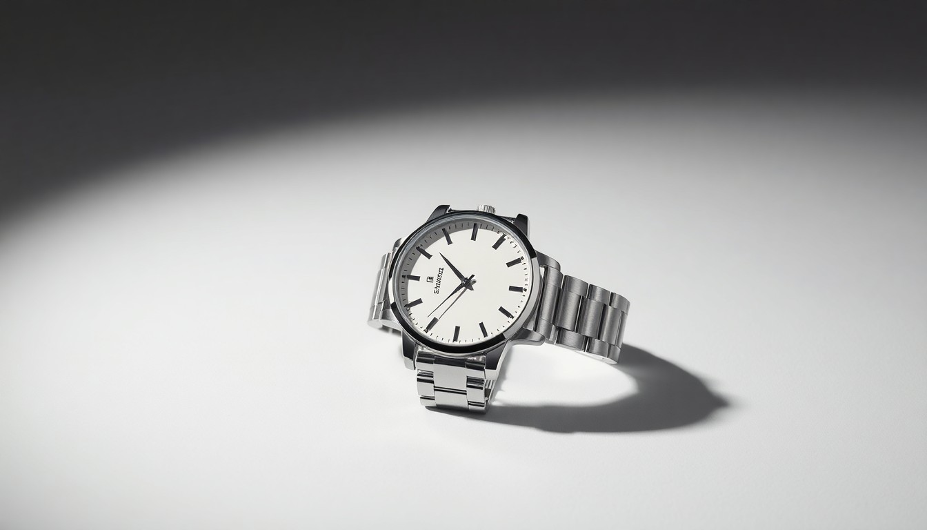 A close-up, photorealistic studio photograph of a small, elegant luxury watch with a 23mm stainless steel case resting on a clean, monochromatic background, conveying the refined, exclusive nature of the mini watch trend.