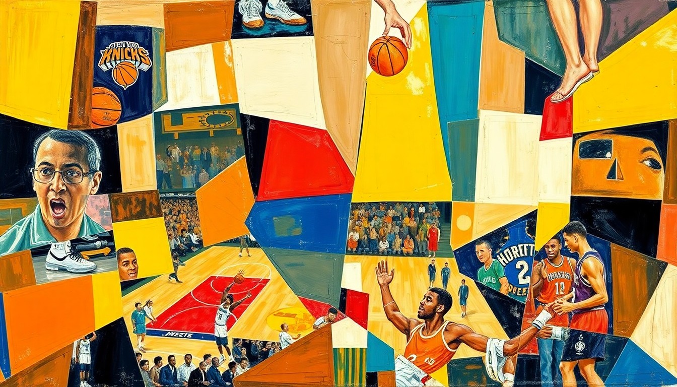 A fragmented, geometric painting depicting a basketball game, with players and the court broken down into sharp, overlapping shapes and planes in a cubist style.