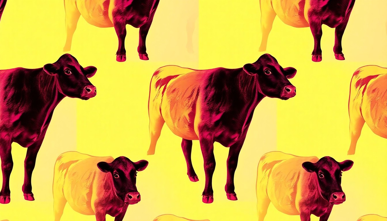 A bold, stylized grid of a show heifer rendered in a high-contrast silkscreen pop art style, using bright neon colors and thick black outlines to transform the everyday farm animal into a vibrant, iconic image.