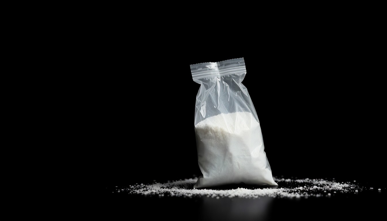 An extreme close-up of a small plastic bag containing white powder, lit by a harsh, direct camera flash against a pitch-black background, conceptually illustrating the evidence from a drug trafficking case.