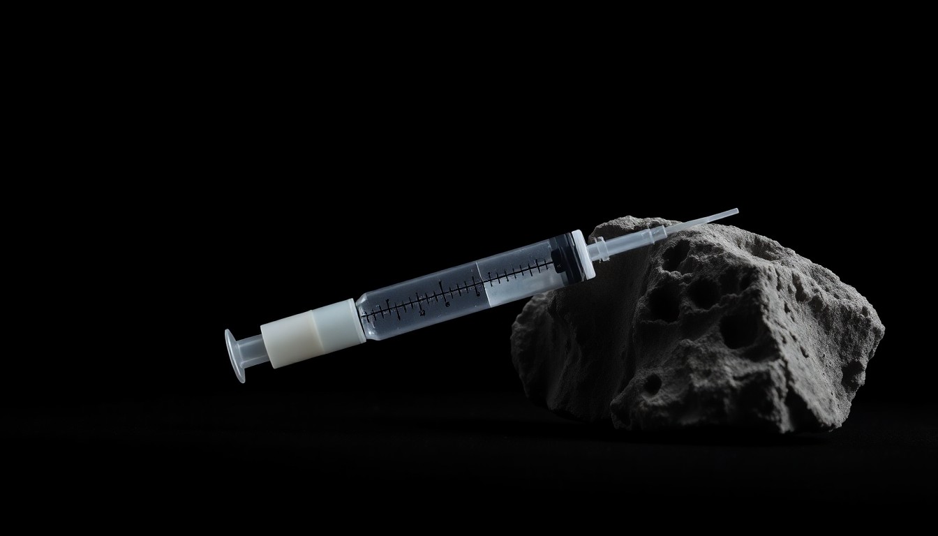 An extreme close-up of a syringe and a rock against a pitch-black background, conceptually representing the physical evidence at the center of an attempted manslaughter case and creating a stark, gritty investigative aesthetic.