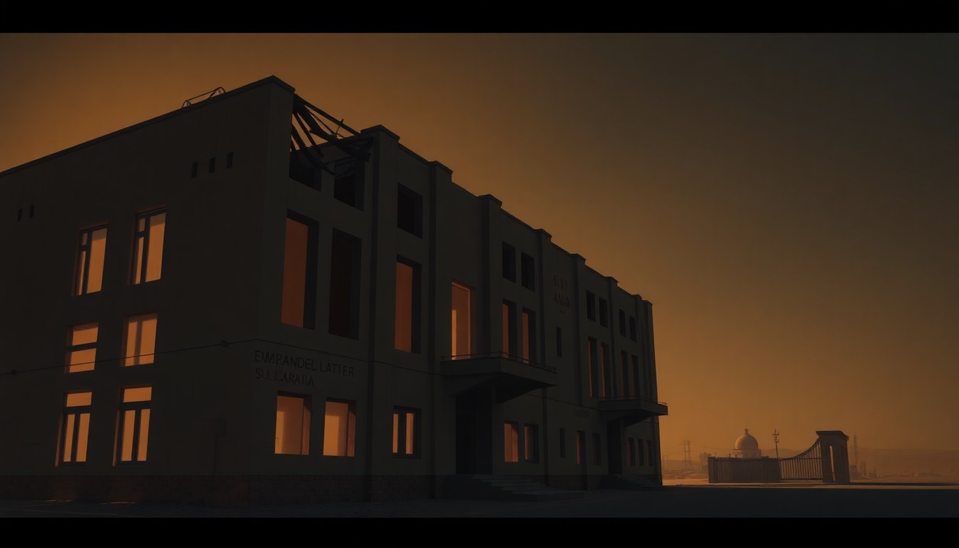A serene, cinematic painting of a damaged embassy building in Saudi Arabia, with warm sunlight casting long shadows across the structure, conveying a sense of vulnerability and the gravity of the situation.