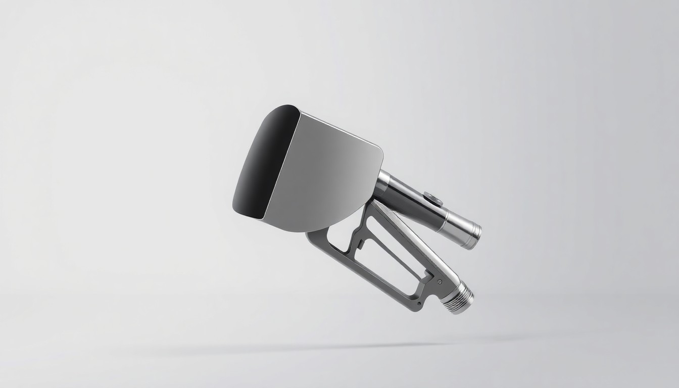 A close-up, photorealistic image of a sleek, metallic gas pump nozzle and handle floating on a plain, monochromatic background, symbolizing the strategic business approach to addressing rising fuel prices.