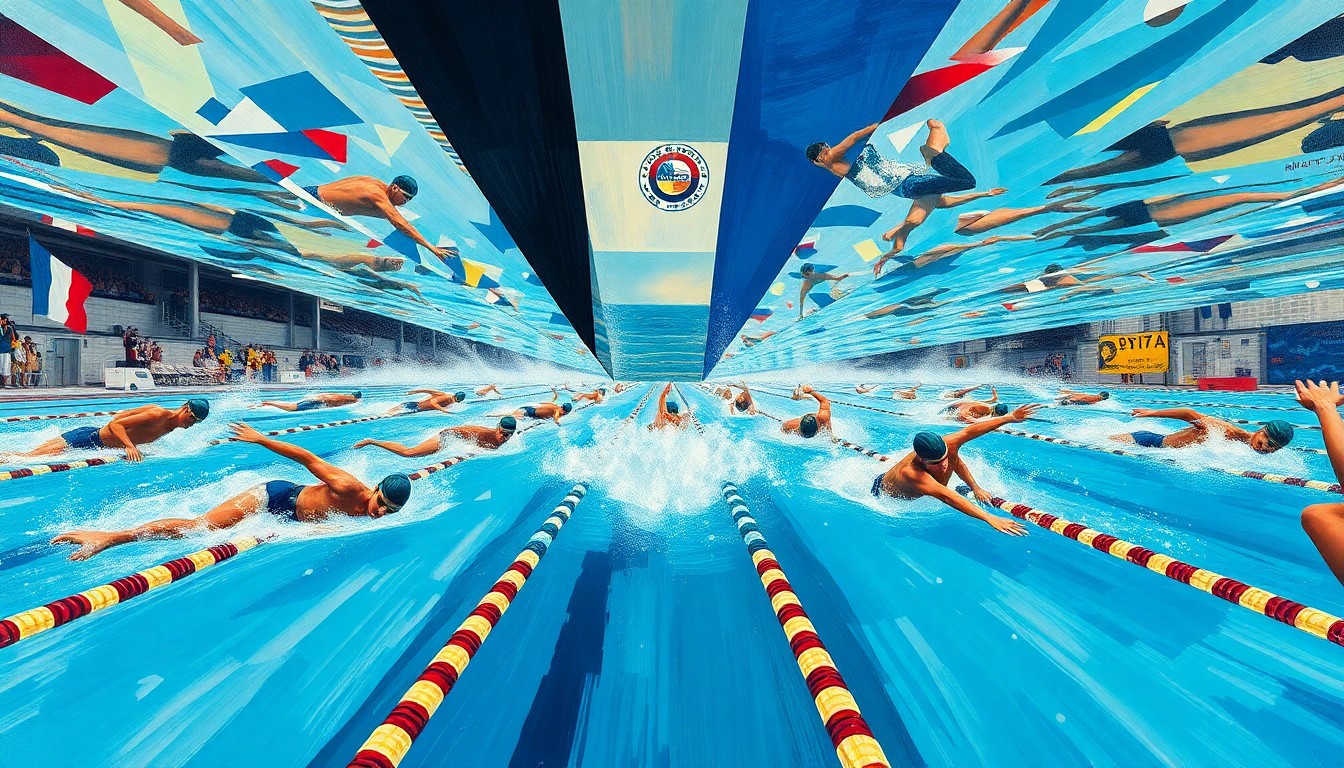 A fractured, geometric painting in vibrant colors depicting the abstract forms and movements of swimmers engaged in a competition, conveying the excitement and intensity of the event.