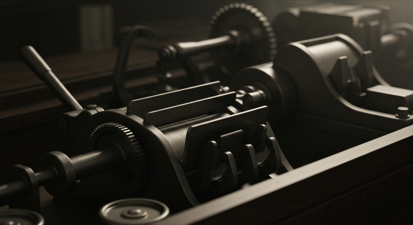 An extreme close-up of various heavy, industrial banking mechanisms and objects, such as gears, levers, and currency counters, conveying a sense of financial security and institutional power without using literal currency or charts.