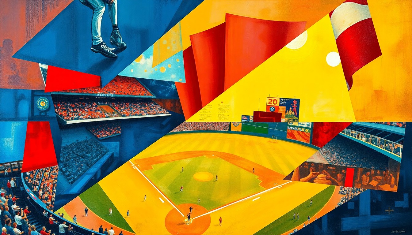 A fragmented, geometric painting depicting a baseball game or match, with sharp planes of vibrant colors like cobalt blue, crimson red, and golden yellow, conceptually representing the analytical nature of fantasy baseball lineup decisions.
