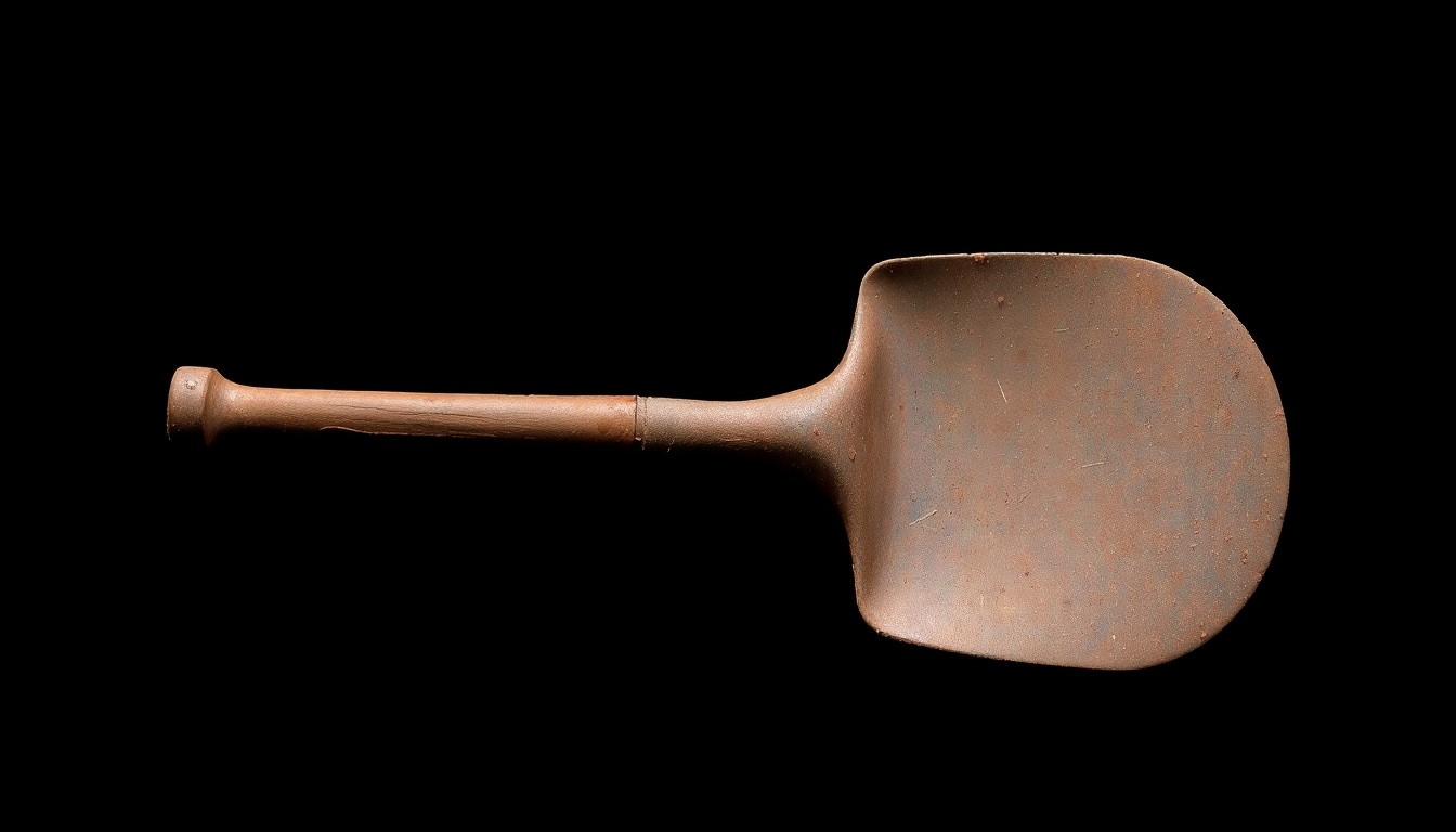 An extreme close-up of a weathered, rusted shovel against a pitch-black background, capturing the stark, investigative aesthetic of Weegee's crime photography.