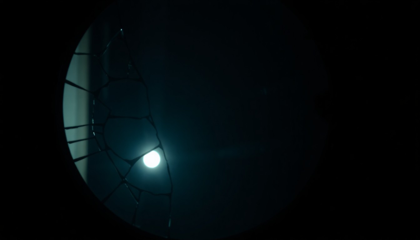 An abstract close-up photograph of a cracked mirror surface reflecting a dim, moody light, conveying the fragmented emotions and memories surrounding the tragic loss that inspired the album.