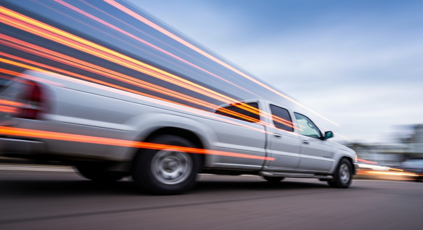 An abstract, blurred image of a pickup truck in motion, with vibrant streaks of color conveying a sense of speed and modern engineering.