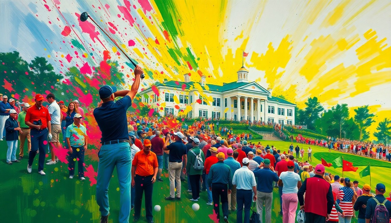 An abstract, expressionist painting in vibrant neon colors, with brushstrokes and splatters representing the energy and excitement of the Masters Tournament, without any recognizable figures or logos.