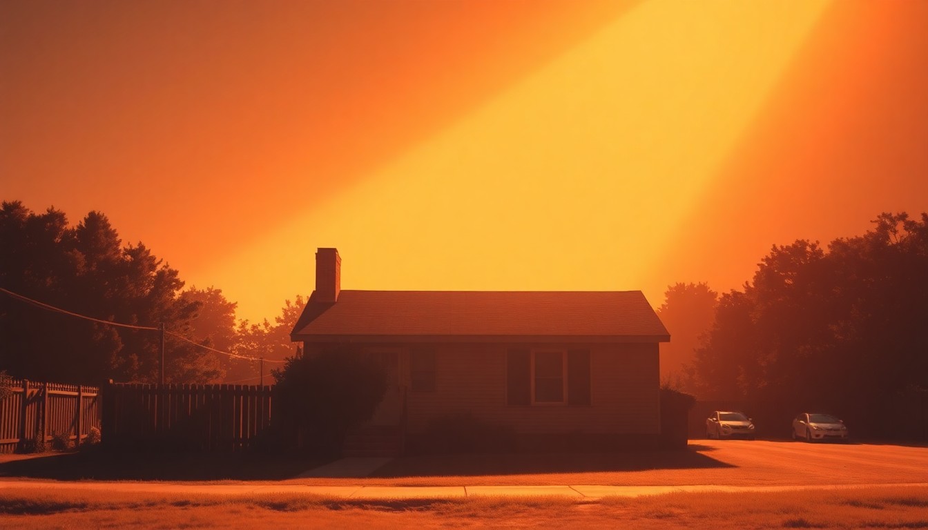 A serene, photorealistic painting of a modest suburban home, its windows reflecting the warm glow of the setting sun. The scene conveys a sense of quiet contemplation and the weight of a community's struggle to maintain its stability in the face of systemic challenges.