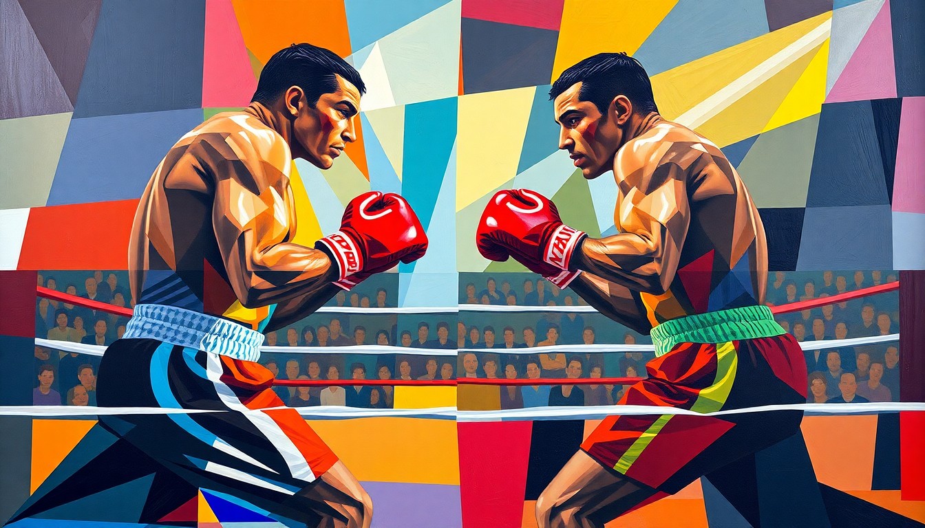 A fractured, multi-perspective painting in a cubist style, depicting the Barrios vs. Garcia boxing match through sharp, overlapping geometric planes of vibrant colors representing the fighters and the ring.