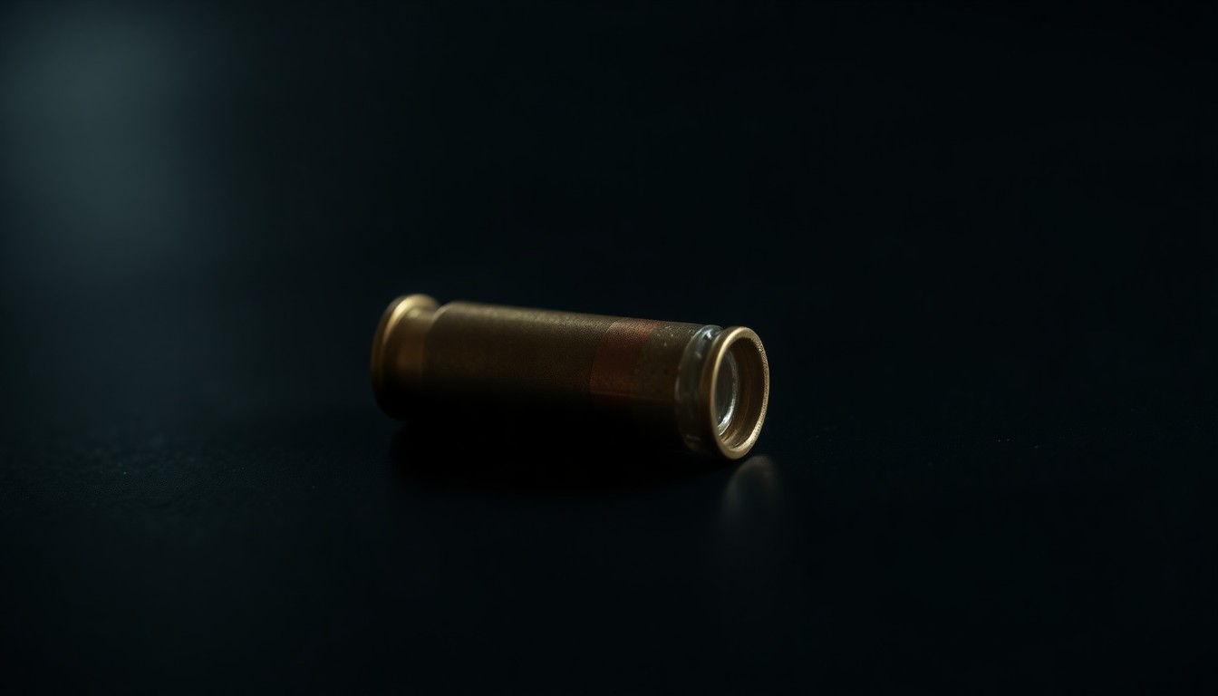 An extreme close-up photograph of a single spent shell casing on a dark surface, lit by a harsh, direct camera flash, conceptually representing the evidence and investigation in the Miami football murder case.
