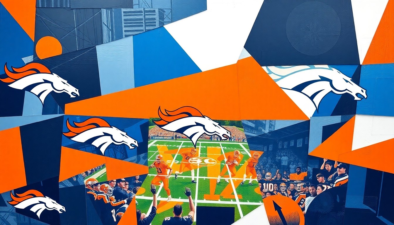 A fragmented, geometric painting in navy, orange, and white hues, depicting various football players and draft prospects in an abstract, multi-angled composition, representing the Broncos' efforts to assemble an impactful 2026 draft class.