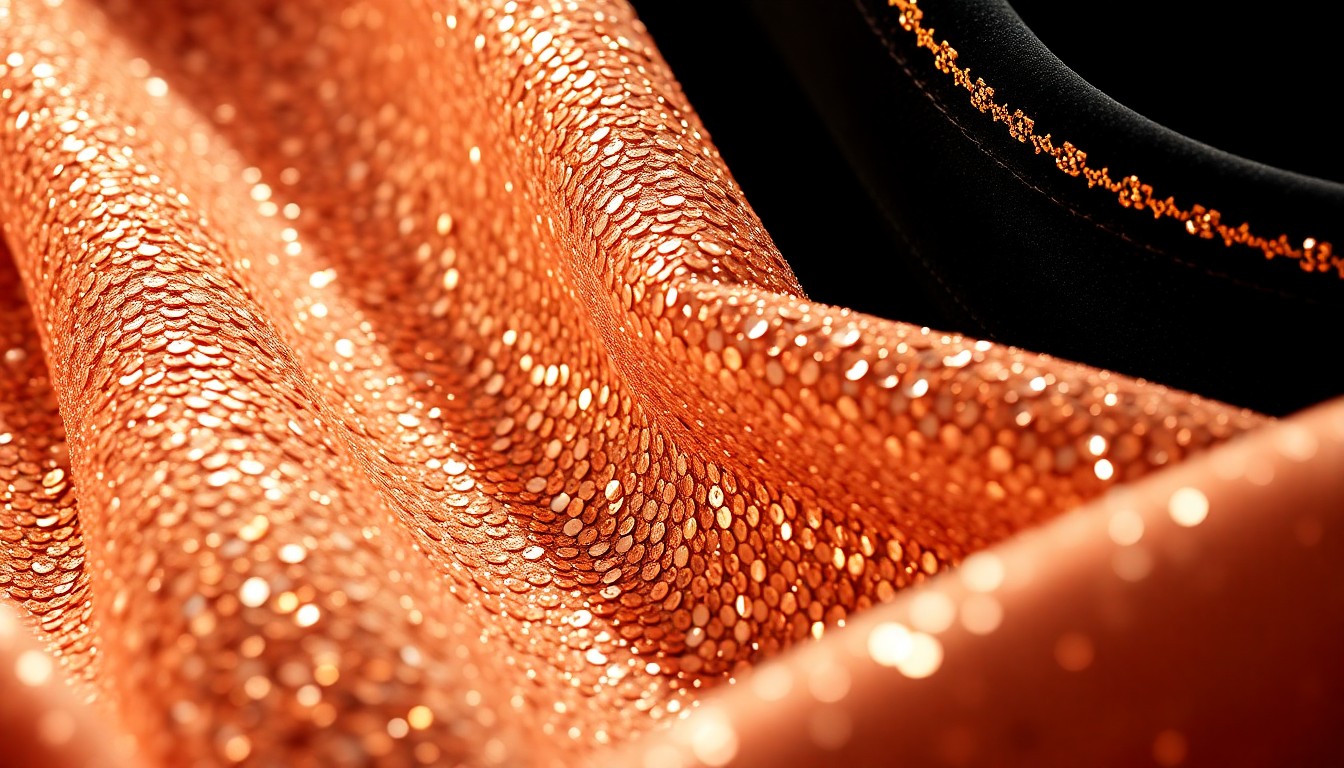 An extreme close-up of shimmering, sequined fabric in vibrant gold and silver tones, conveying the luxurious, high-fashion aesthetic of Rosie Huntington-Whiteley's new swimwear collection.