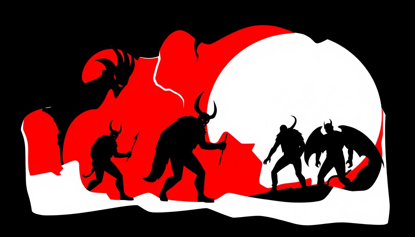 A striking black and red abstract illustration featuring jagged geometric shapes and silhouettes, conceptually representing the demonic and pinball elements of the Devils on the Moon Pinball game for the Playdate.