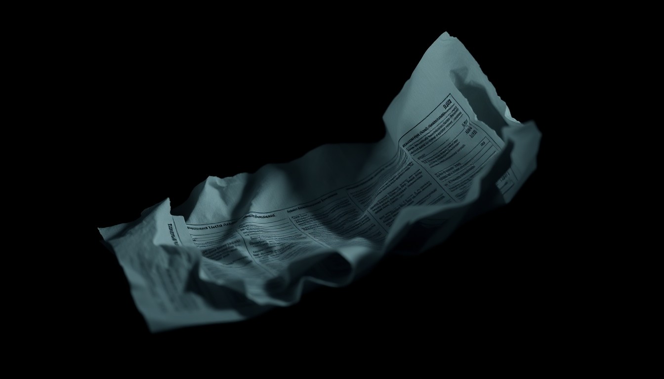 An extreme close-up photograph of a crumpled, torn financial document or investment contract, lit by a harsh, direct camera flash against a pitch-black background, creating a stark, gritty, investigative aesthetic.