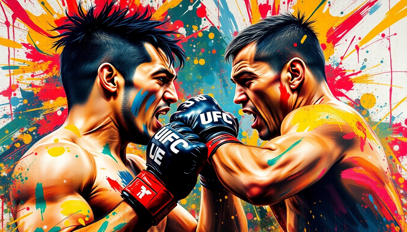 An abstract, expressionist painting in vibrant neon colors depicting the intense physical confrontation and raw energy of a UFC fight, with the fighters' faces and bodies blurred into unrecognizable shapes and splatters.