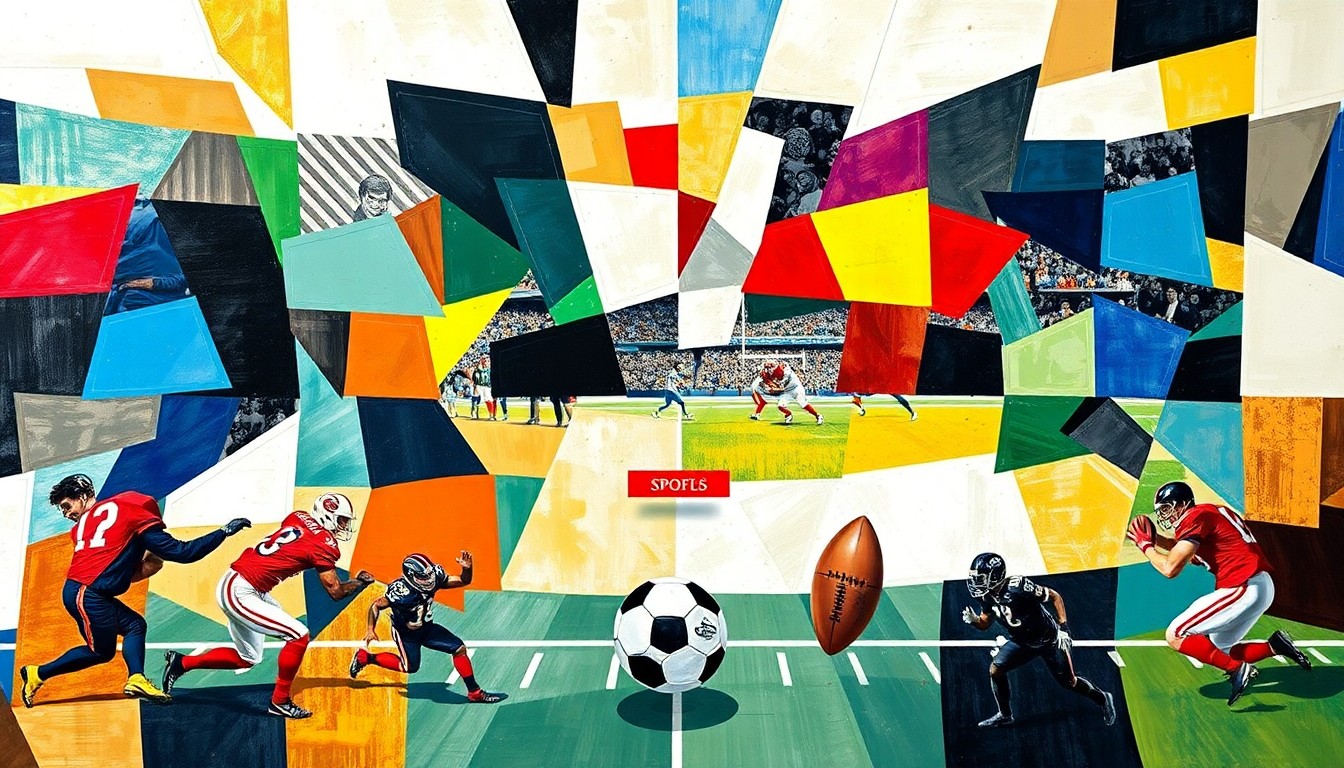 A fractured, geometric painting in the style of Picasso, depicting a football game or match with sharp, overlapping planes of color representing the players and action on the field.