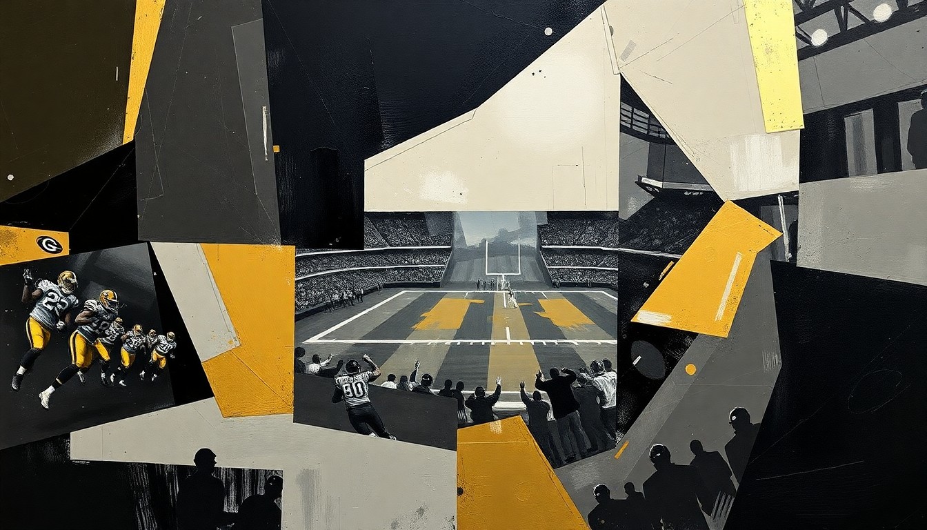 A cubist-style painting featuring overlapping geometric shapes and planes in muted shades of black, gold, and gray, conceptually representing the complex dynamics and uncertainty surrounding a potential NFL quarterback move.