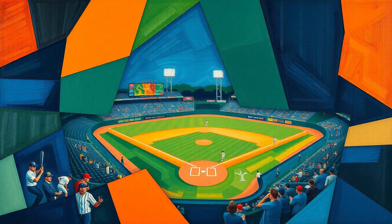 A fragmented, cubist-style painting depicting a baseball game, with the players and field broken down into sharp, overlapping geometric shapes in a palette of navy, green, and orange, conveying the intensity and drama of the contest.