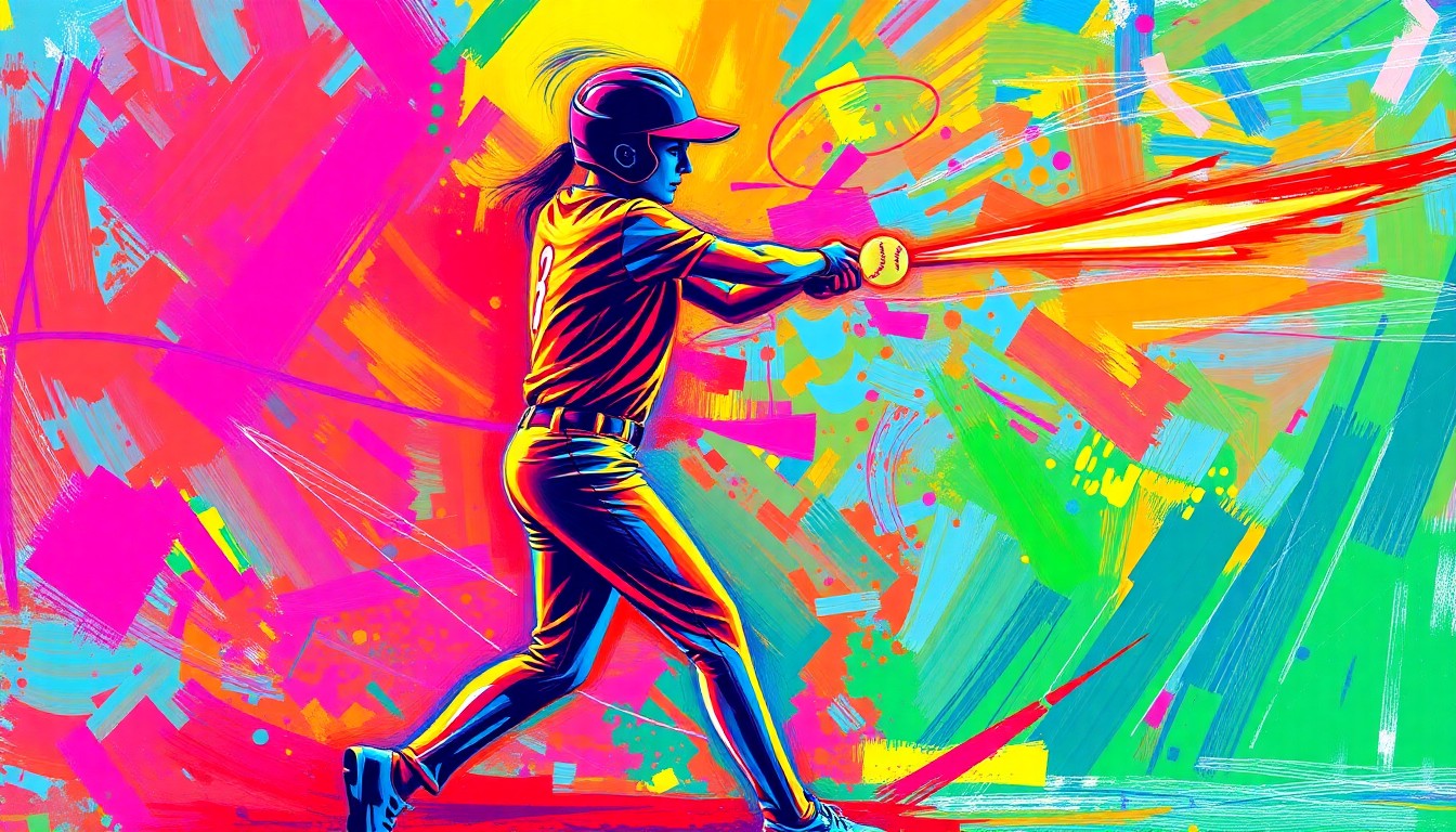 An expressionistic painting depicting a softball player mid-swing, the ball trailing a bright comet-like streak, surrounded by a swirling background of vibrant neon brushstrokes that capture the raw energy and power of the game.