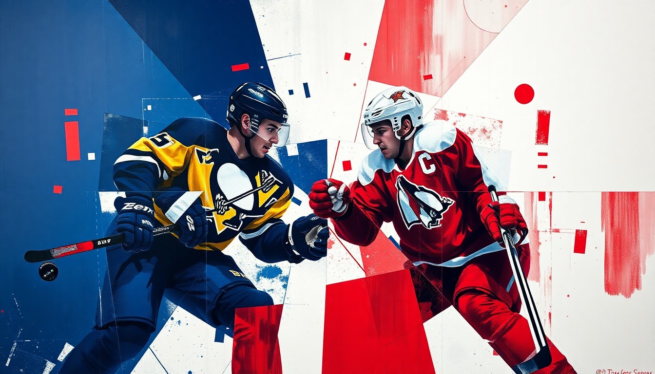 A fractured, geometric painting depicting the action and intensity of a hockey game, with the players' forms broken down into sharp, overlapping planes of navy blue, crimson red, and white.