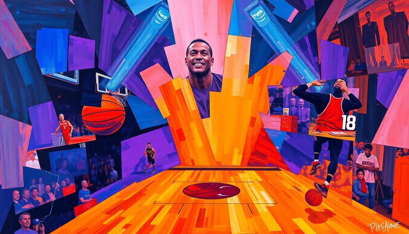 A fractured, multi-perspective painting featuring overlapping geometric shapes and planes in vibrant colors, conceptually representing the dynamic relationship between two legendary NBA players.