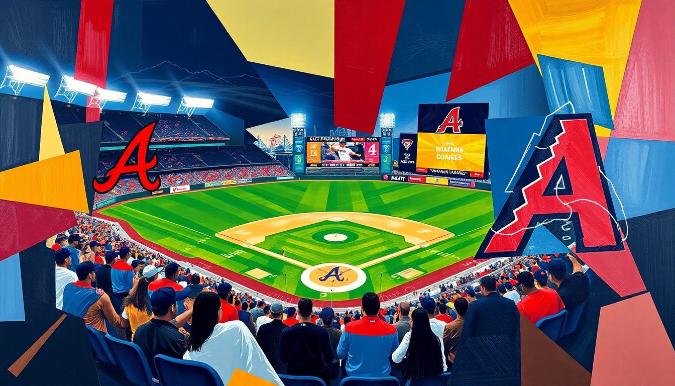 A cubist, geometric painting depicting a baseball game in progress, with overlapping shapes and planes of color representing the players, field, and action on the field.