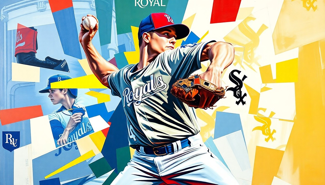 A fractured, geometric painting in vibrant blues, grays, and whites, depicting the overlapping motions and perspectives of a baseball pitcher's delivery, conveying the intensity and artistry of Kris Bubic's masterful outing.