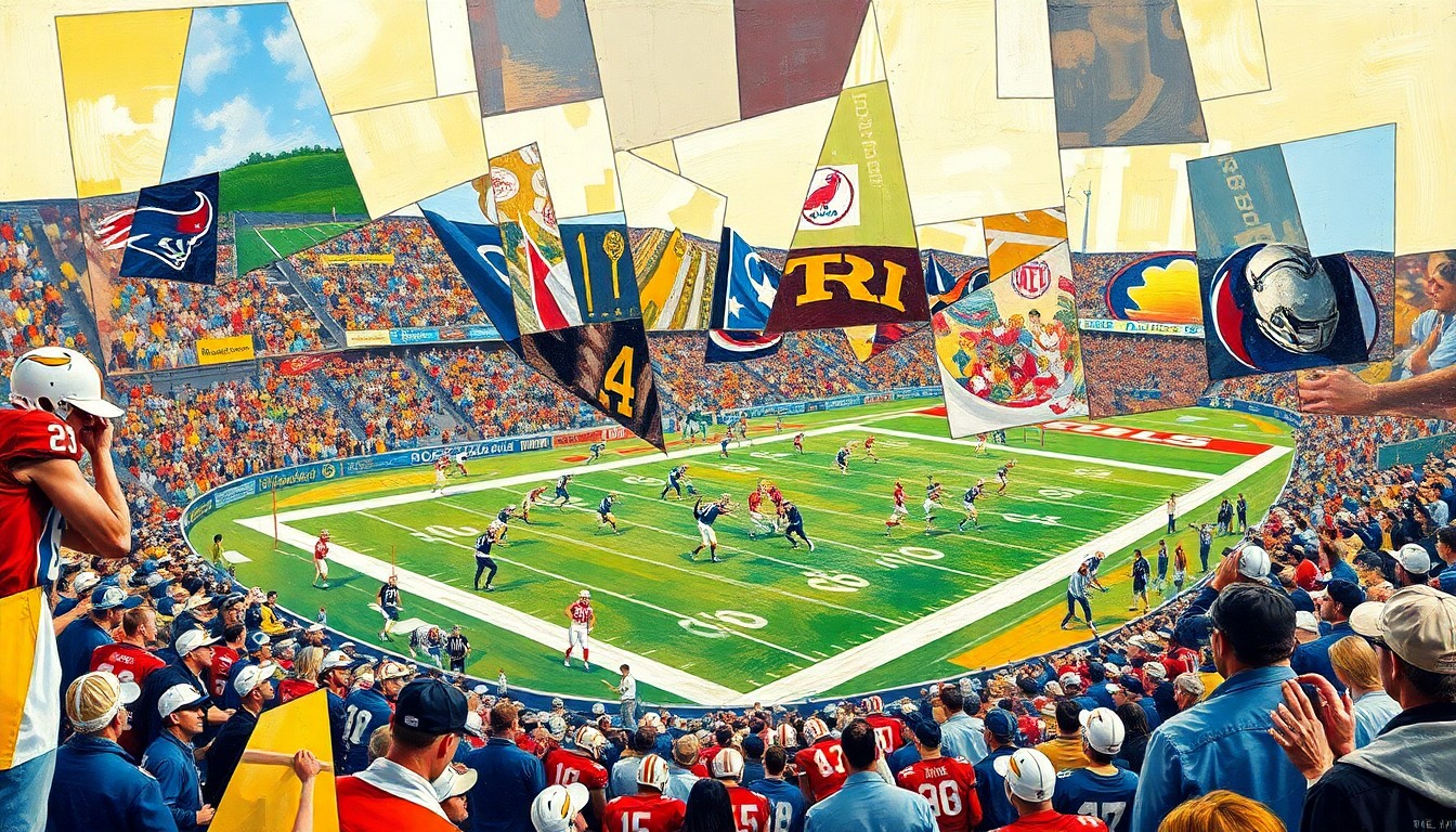 A cubist-style painting depicting a fragmented, geometric representation of a college football game, with overlapping planes and shapes in muted tones, conveying the conceptual themes of the Partridge lawsuit story.