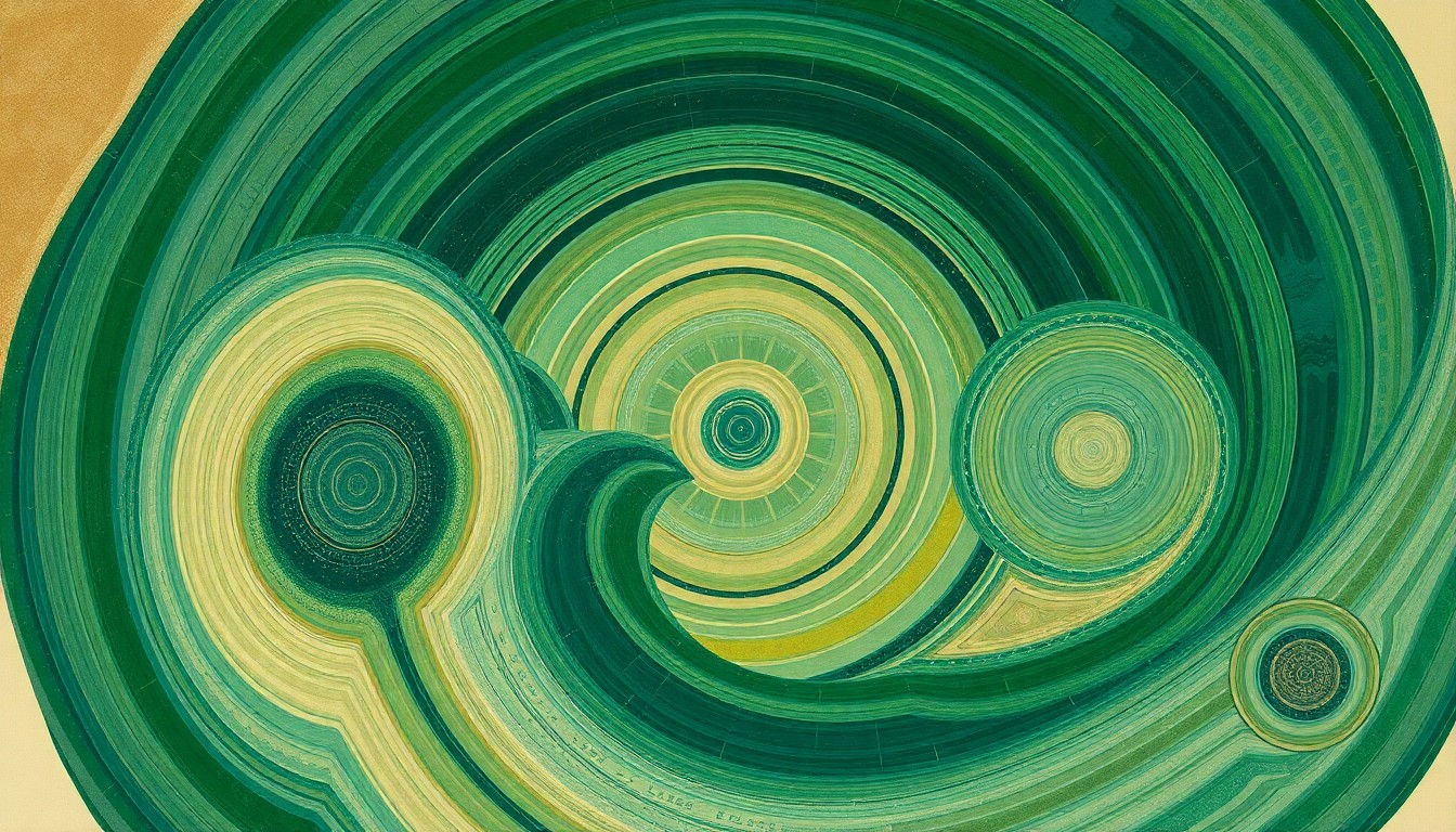 A bold, abstract painting in muted greens, blues, and browns, featuring sweeping geometric shapes and precise botanical spirals, conceptually representing the complex ecological forces at play in the Great Lakes as the invasive Asian carp disrupts the natural order.