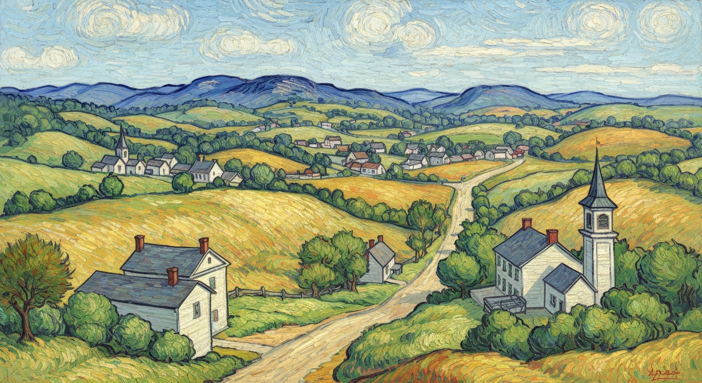 A vibrant, textured oil painting depicting a quaint Ozarks town nestled among rolling hills, with historic buildings and winding roads in the foreground, conveying a sense of timelessness and tranquility.