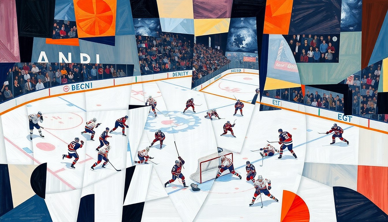 A fractured, multi-perspective painting depicting the key moments of a hockey game, including a player scoring a goal, players celebrating, and the intense action on the ice. The painting is in the style of Pablo Picasso, with sharp, overlapping geometric planes that deconstruct the scene.