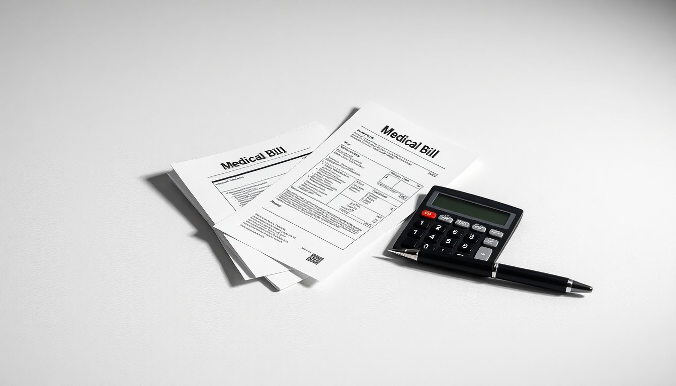 A minimalist studio still life photograph featuring a stack of medical bills, a calculator, and a pen arranged on a clean, monochromatic background, symbolizing the financial challenges facing the healthcare industry.