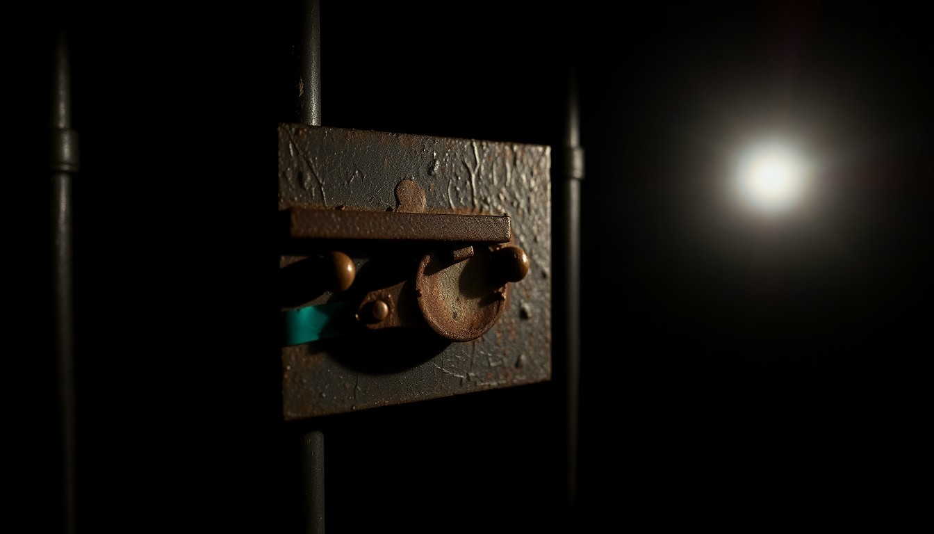 An extreme close-up photograph of a rusted, damaged lock on a prison cell door, lit by a harsh, direct camera flash against a pitch-black background, conceptually illustrating the deteriorating conditions of Oklahoma's correctional facilities.