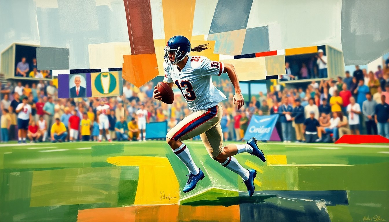 A fragmented, geometric painting depicting a football player's running motion, with sharp, overlapping planes of color and form conveying the raw athleticism of the sport.