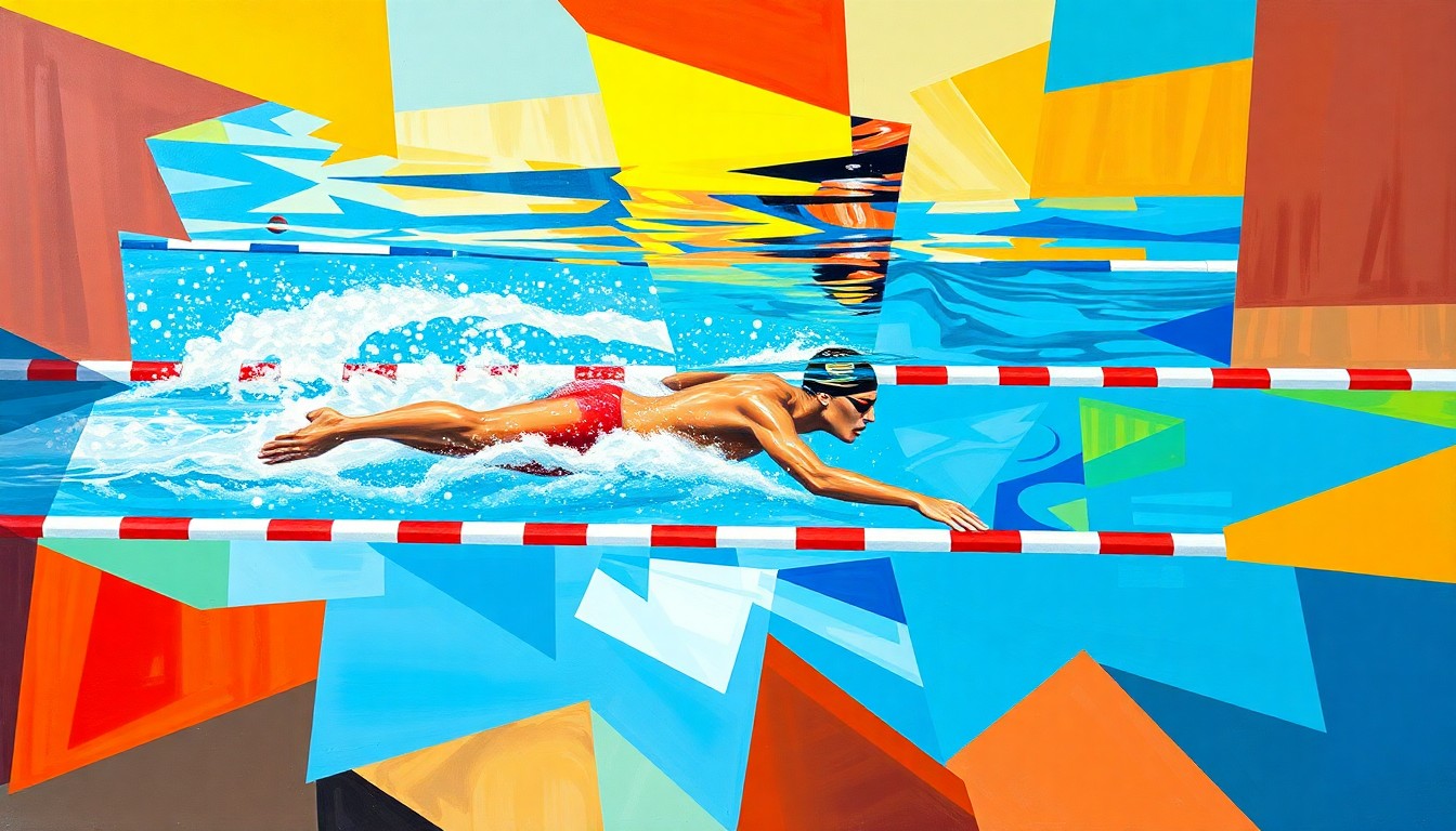 A fragmented, geometric painting depicting a swimmer's 50-yard freestyle race, with overlapping planes of color and movement, conveying the power and speed of the competition.